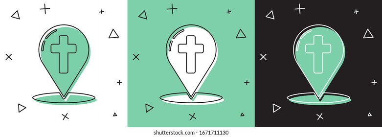 Set Map pointer with christian cross icon isolated on white and green, black background.  Vector Illustration