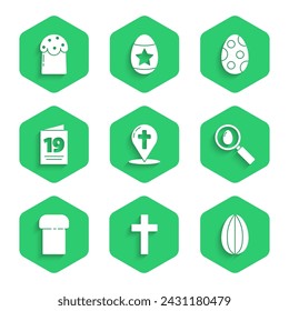 Set Map pointer with christian cross, Christian, Easter egg, Search and easter, cake, Greeting card Happy,  and  icon. Vector