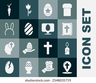 Set Map pointer with christian cross, Burning candle, Holy bible book, Easter egg, Mask long bunny ears, Carrot and Speech bubble easter icon. Vector