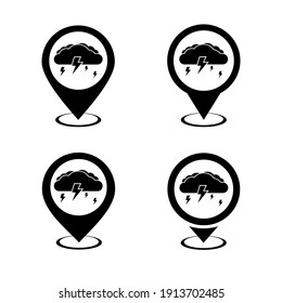 Set of map pointer with cloud and lightning icon. Storm location. Illustration vector