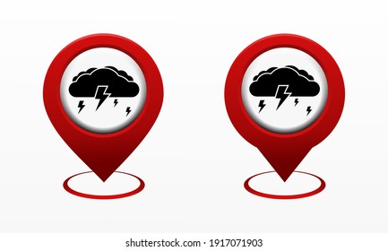 Set of map pointer with cloud and lightning icon. Red map pin. Storm location. Illustration vector