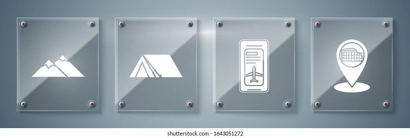 Set Map pointer with Coliseum in Rome, Italy, Smartphone with electronic boarding pass airline ticket, Tourist tent and Mountains. Square glass panels. Vector