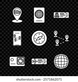 Set Map pointer with Coliseum in Rome, Cruise ticket for traveling by ship, Action extreme camera, Airline, Earth globe, Infographic of city map navigation and Compass icon. Vector