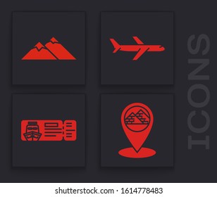 Set Map pointer with Egypt pyramids, Mountains, Plane and Cruise ticket for traveling by ship icon. Vector
