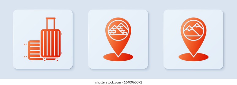 Set Map pointer with Egypt pyramids, Suitcase for travel and Map pointer with mountain. White square button. Vector