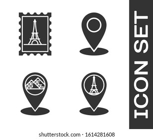 Set Map pointer with Eiffel tower, Postal stamp and Eiffel tower, Map pointer with Egypt pyramids and Map pin icon. Vector