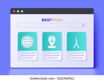 Set Map pointer with Eiffel tower, Earth globe and Eiffel tower icon. Vector