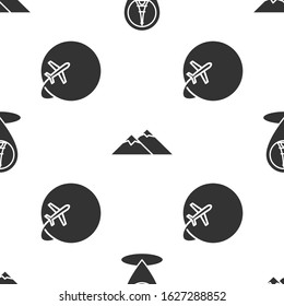 Set Map pointer with Eiffel tower, Mountains and Globe with flying plane on seamless pattern. Vector