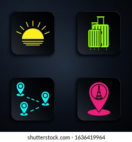 Set Map pointer with Eiffel tower, Sunset, Route location and Suitcase for travel. Black square button. Vector