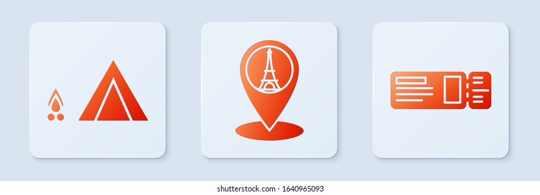 Set Map pointer with Eiffel tower, Tourist tent with wood fire and Travel ticket. White square button. Vector