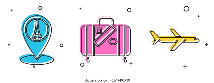 Set Map pointer with Eiffel tower, Suitcase for travel and stickers and Plane icon. Vector
