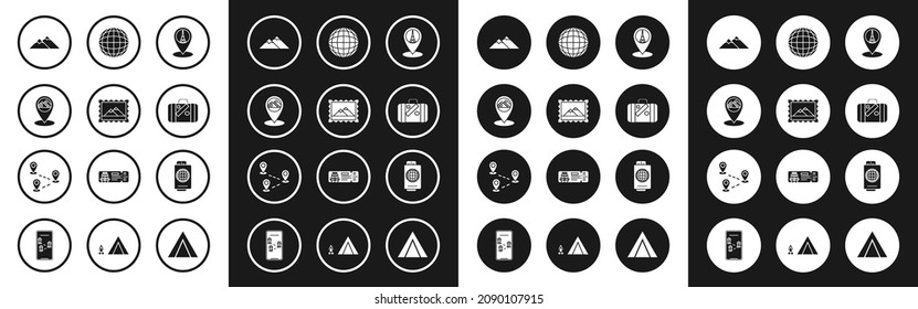 Set Map pointer with Eiffel tower, Postal stamp and Mountains, Egypt pyramids, Suitcase for travel stickers, Earth globe, Passport ticket and Route location icon. Vector