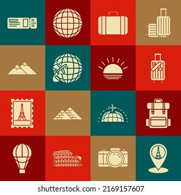 Set Map pointer with Eiffel tower, Hiking backpack, Suitcase for travel and stickers, Globe flying plane, Mountains, Travel ticket and Sunset icon. Vector
