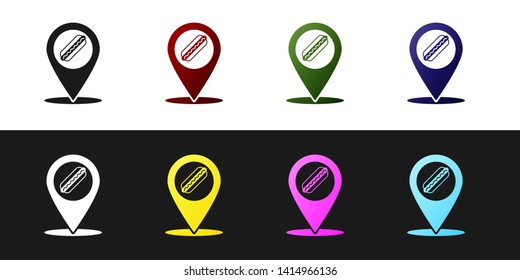Set Map pointer with fast food hotdog icon isolated on black and white background. Sausage icon. Vector Illustration