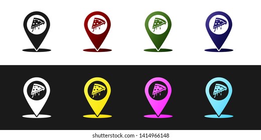 Set Map pointer with fast food slice pizza icon isolated on black and white background. Pizzeria location icon. Pizza cafe and restaurant marker. Vector Illustration