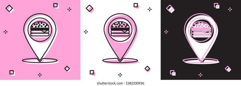 Set Map pointer with fast food burger icon isolated on pink and white, black background.  Vector Illustration