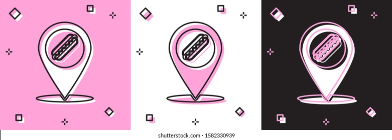 Set Map pointer with fast food hotdog icon isolated on pink and white, black background. Sausage icon.  Vector Illustration