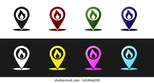 Set Map pointer with fire flame icon isolated on black and white background. Fire nearby. Vector Illustration