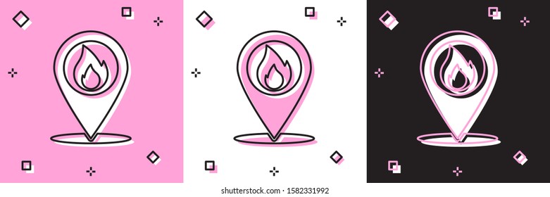 Set Map pointer with fire flame icon isolated on pink and white, black background. Fire nearby.  Vector Illustration