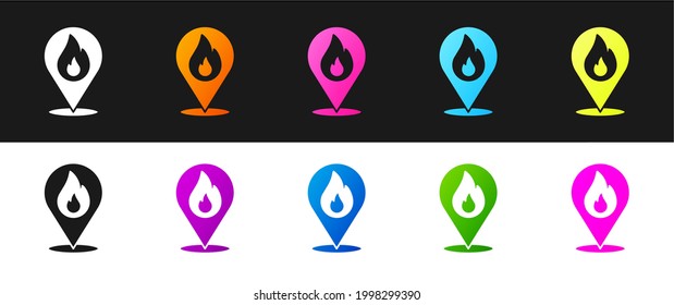 Set Map pointer with fire flame icon isolated on black and white background. Fire nearby.  Vector