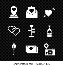 Set Map pointer with heart, Envelope Valentine, Amour symbol and arrow, Flower rose, Photo camera, Two Linked Hearts and Signpost icon. Vector