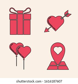 Set Map pointer with heart, Gift box, Amour symbol with heart and arrow and Balloons in form of heart with ribbon icon. Vector