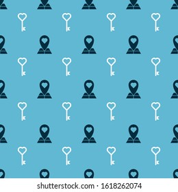 Set Map pointer with heart and Key in heart shape on seamless pattern. Vector