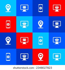 Set Map pointer with heart, Monitor and envelope, Setting smartphone and shopping basket icon. Vector