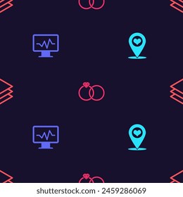 Set Map pointer with heart, Monitor cardiogram, Wedding rings and Layers on seamless pattern. Vector