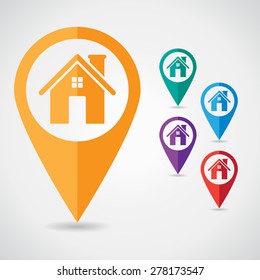 Set of map pointer with home icon, vector