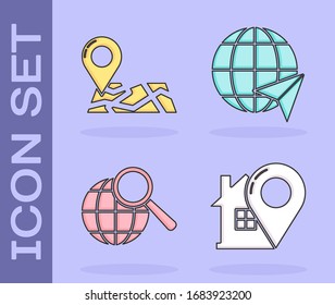 Set Map pointer with house, Folded map with location marker, Magnifying glass with globe and Location on the globe icon. Vector