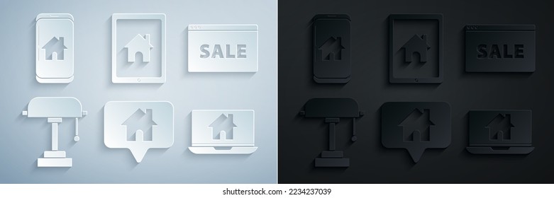 Set Map pointer with house, Hanging sign text Online Sale, Table lamp, Laptop and smart home, Tablet and Mobile phone icon. Vector