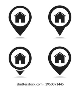 Set of map pointer with house icon. Home location. Illustration vector