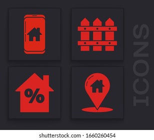 Set Map pointer with house, Mobile phone with smart home, Garden fence wooden and House with percant discount tag icon. Vector