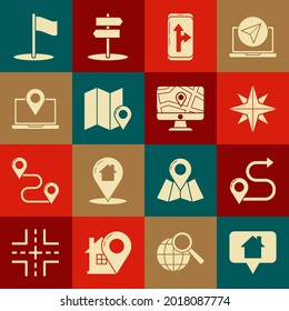 Set Map pointer with house, Route location, Wind rose, Infographic of city map navigation, Folded marker, Laptop, Flag and Monitor and folded icon. Vector