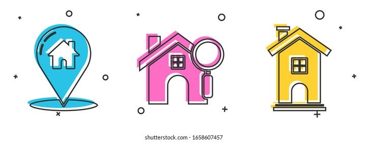 Set Map pointer with house, Search house and Home symbol icon. Vector
