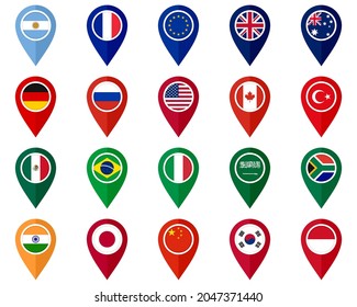 set of map pointer icons isolated on white background. g20 countries flags. vector illustration