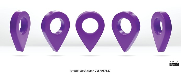 Set of map pointer isolated on white background. Purple location pin or navigation. 3D Locator mark of map pointer, symbol, position. 3D vector illustration.