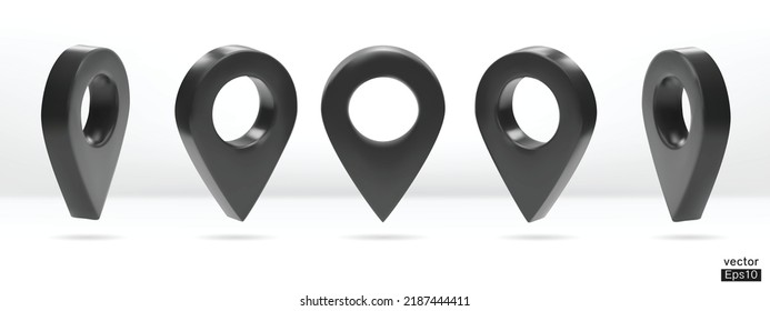 Set of map pointer isolated on white background. Black location pin or navigation. 3D Locator mark of map pointer, symbol, position. 3D vector illustration.