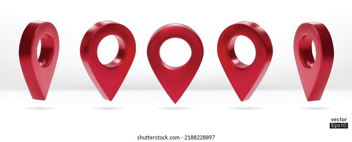 Set of map pointer isolated on white background. Metallic red location pin or navigation. 3D Locator mark of map pointer, symbol, position. 3D vector illustration.