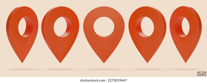 Set of map pointer isolated on beige background. Orange location pin or navigation. 3D Locator mark of map pointer, symbol, position. 3D vector illustration.