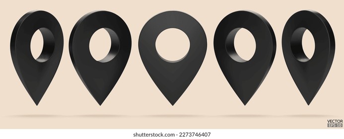 Set of map pointer isolated on beige background. Black location pin or navigation. 3D Locator mark of map pointer, symbol, position. 3D vector illustration.