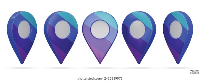 Set of map pointer isolated on white background. Blue tone pattern location pin or navigation. 3D Locator mark of map pointer, symbol, position. 3D vector illustration.