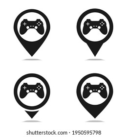 Set of map pointer with joystick, gamepad icon.  Game center location. Illustration vector