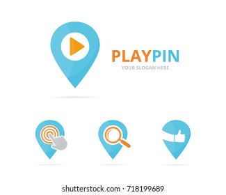 Set of map pointer logo combination. GPS locator and record symbol or icon. Unique pin and audio, video logotype design template.