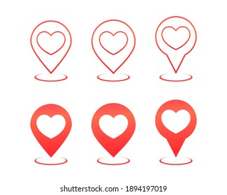 Conjunto de puntero de mapa con amor. Icono de la posición roja con forma de corazón. La ubicación en San Valentín. Vector de ilustración