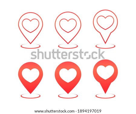 Set of map pointer with love. Red location pin icon with heart shape. Valentine location. Illustration vector