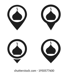 Set of map pointer with mosque icon. Muslim worship location. Illustration vector