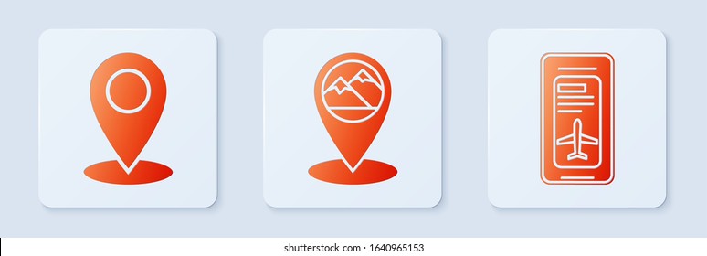 Set Map pointer with mountain, Map pin and Smartphone with electronic boarding pass airline ticket. White square button. Vector