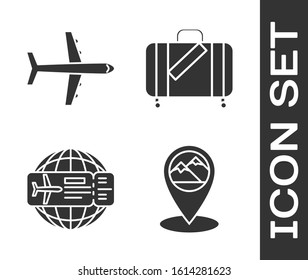 Set Map pointer with mountain, Plane, Airline ticket and Suitcase for travel and stickers icon. Vector
